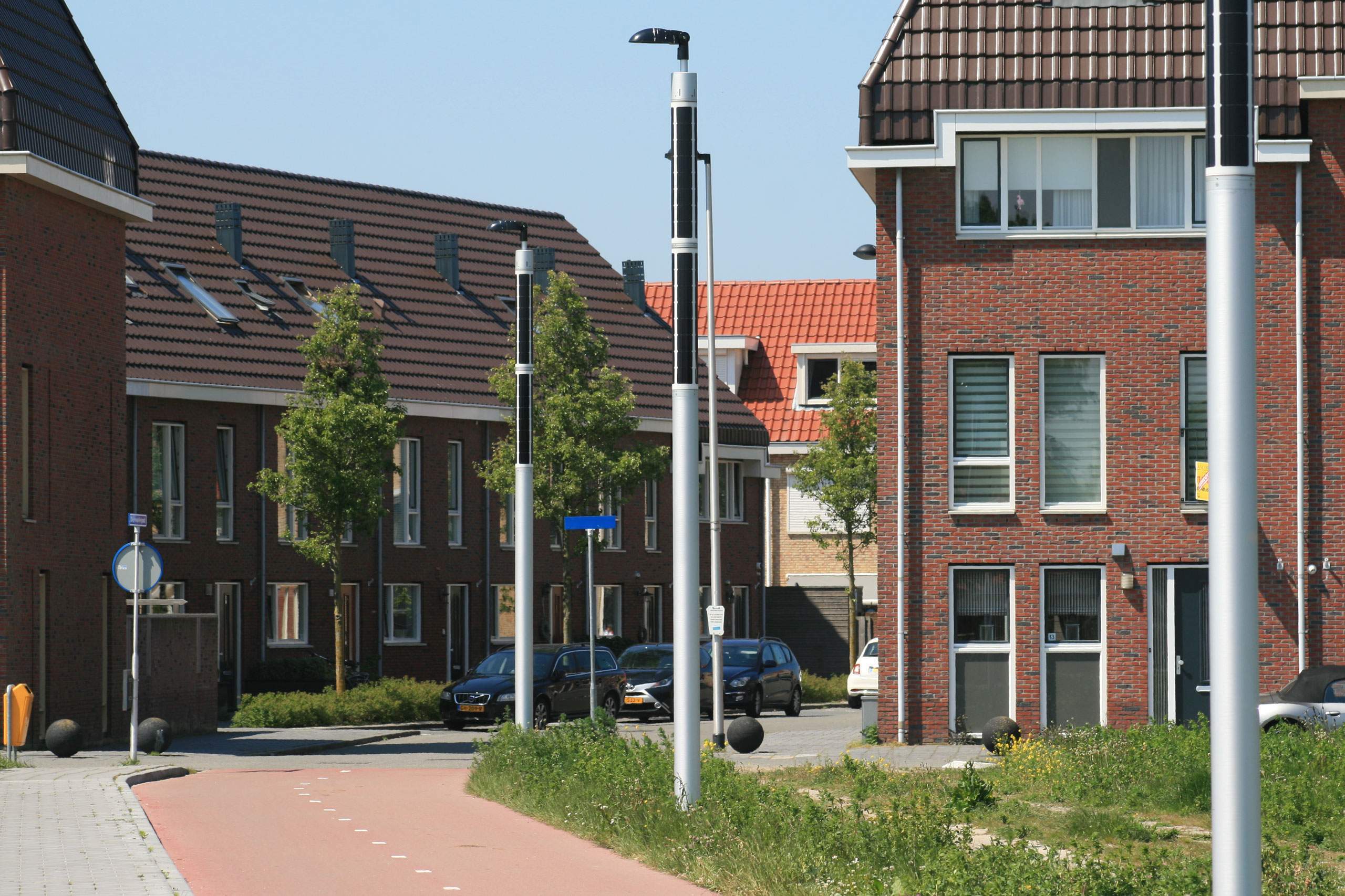 Eco friendly lighting at bike path in Dutch neighbourhood