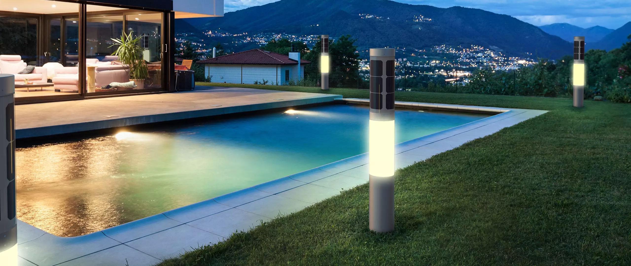 NxT solar bollard in villa garden - yard lighting design