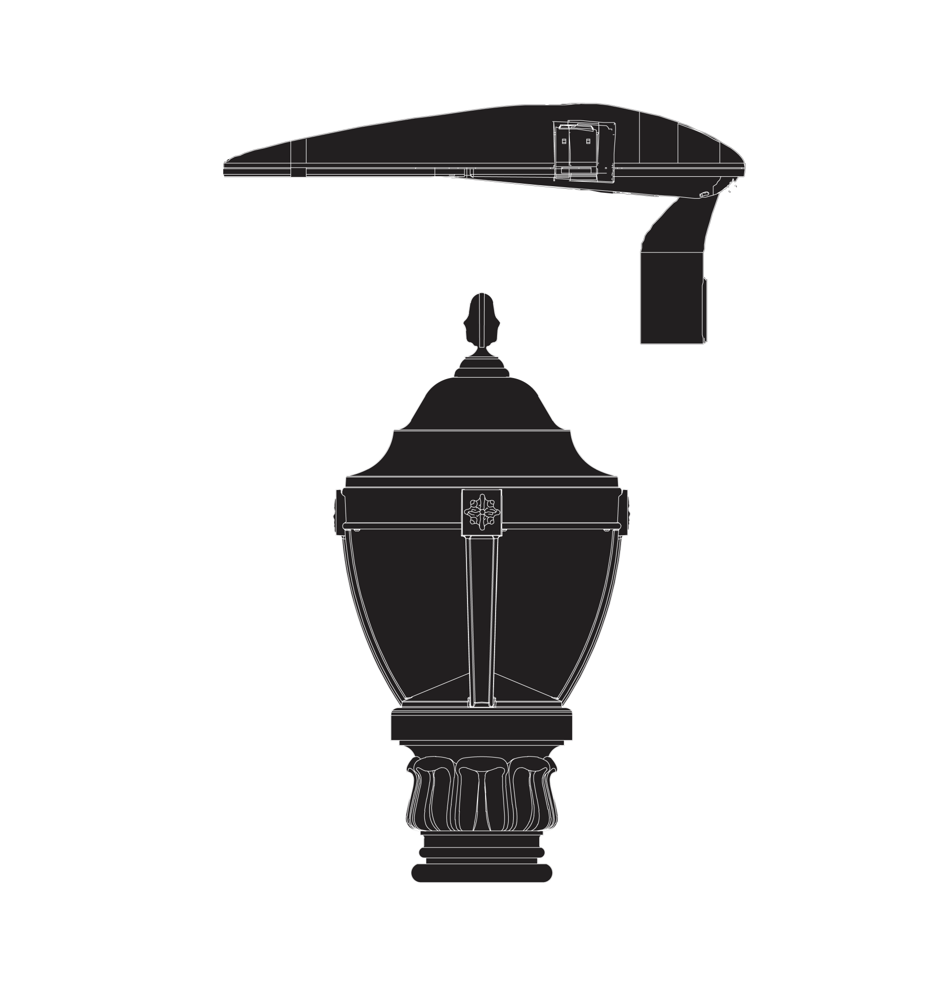 White line schematic drawing of Soluxio light fixture on black background